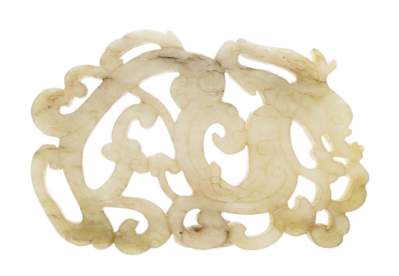 A Chinese white and grey mottled jade ‘chilong’ plaque, Ming dynasty